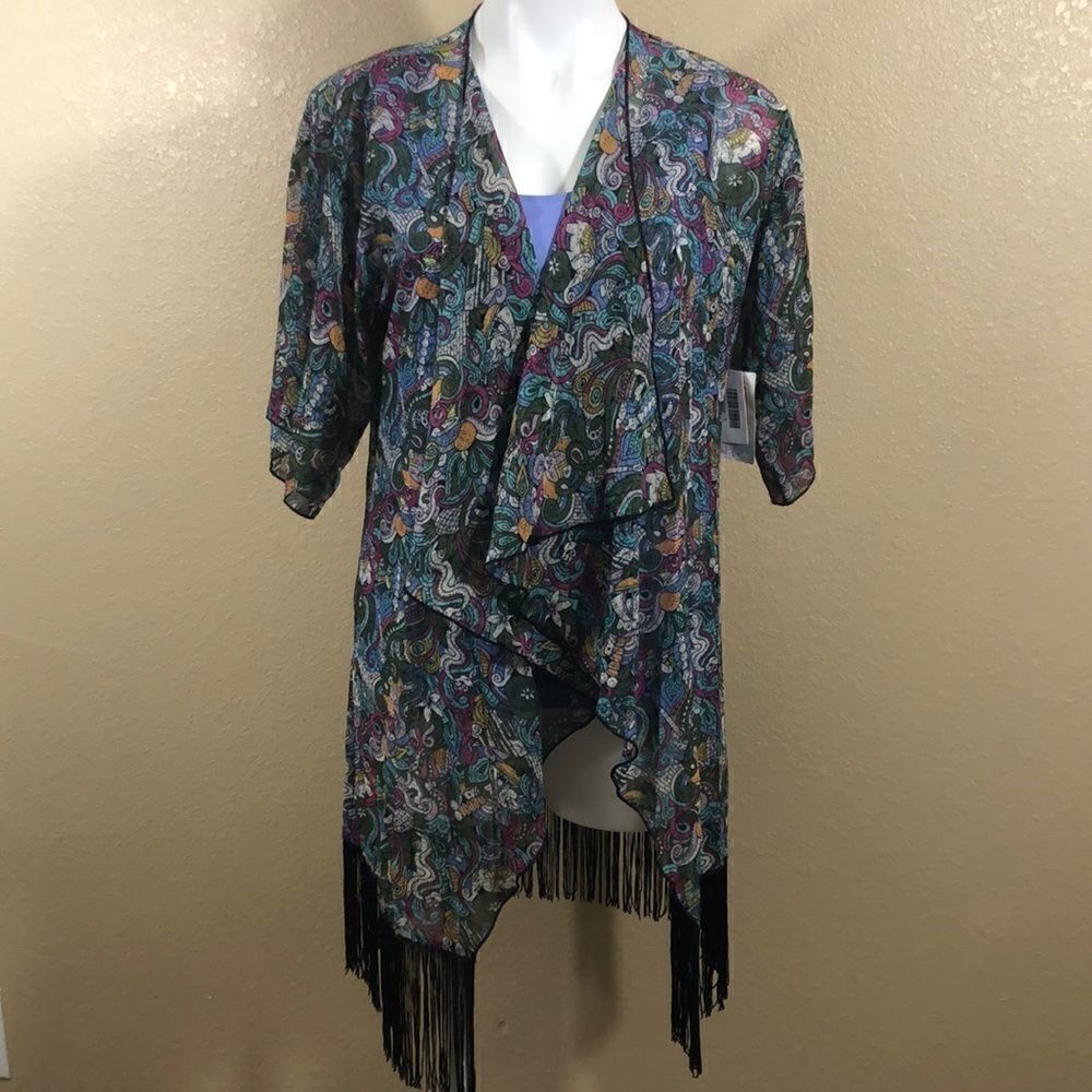 Lularoe green purple short sleeve open kimono - Picture 2 of 9